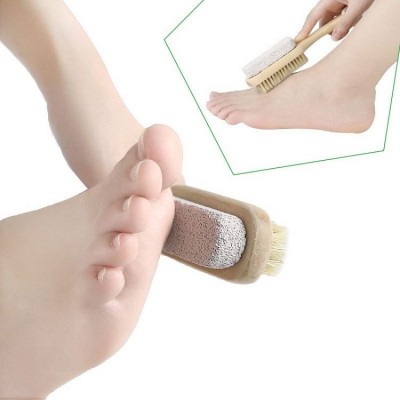 Pailike-Wood Handle Pumice Stone Foot Brush Scrubber Feet Exfoliating Dead Skin Remover Natural Bristle Massage Tool